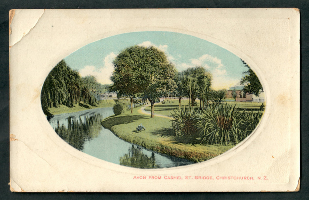 Coloured postcard of Avon River from Cashel Street Bridge. - 48550 - Postcard image 0