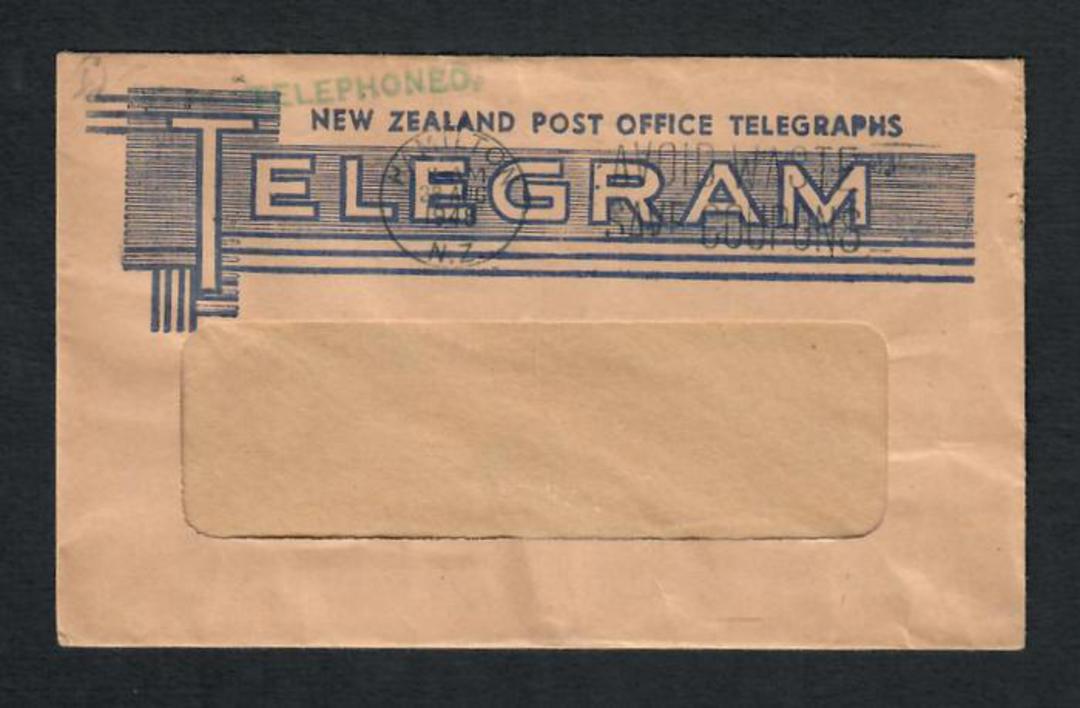 NEW ZEALAND POST OFFICE TELEGRAM envelope postmarked 28/8/48. Cachet in turquoise "TELEPHONED". - 31569 - PostalHist image 0