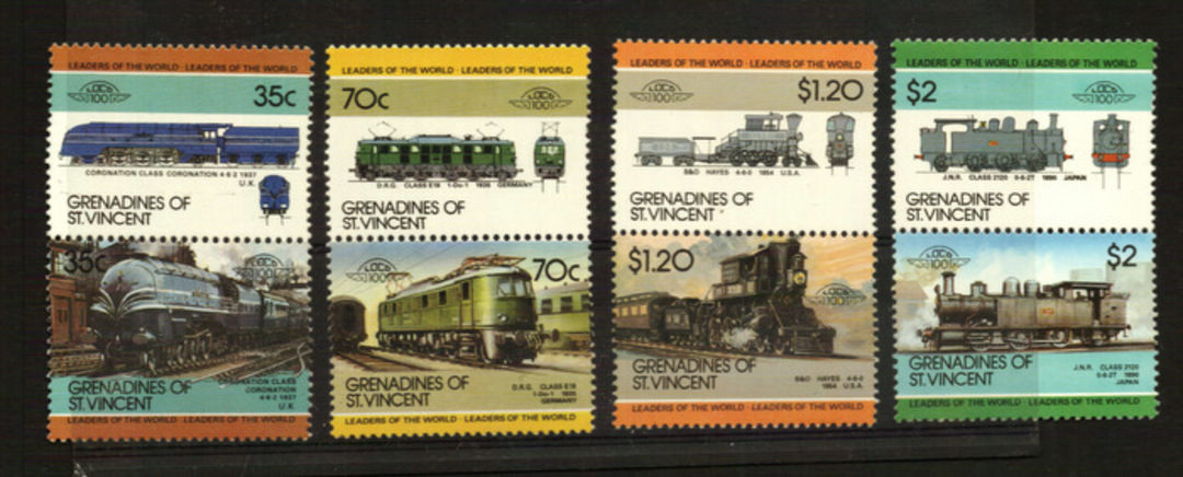 ST VINCENT GRENADINES 1985 Leaders of the World. Fifth series. Railway Locomotives. Set of 8 in joined pairs. - 22509 - UHM image 0