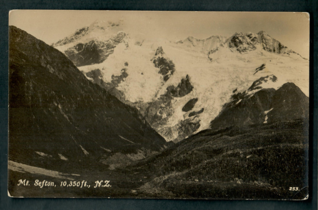 Real Photograph by Tanner Bros Ltd of Mt Sefton, 10350 ft., and the Footstool, Mount Cook. - 48858 - Postcard image 0