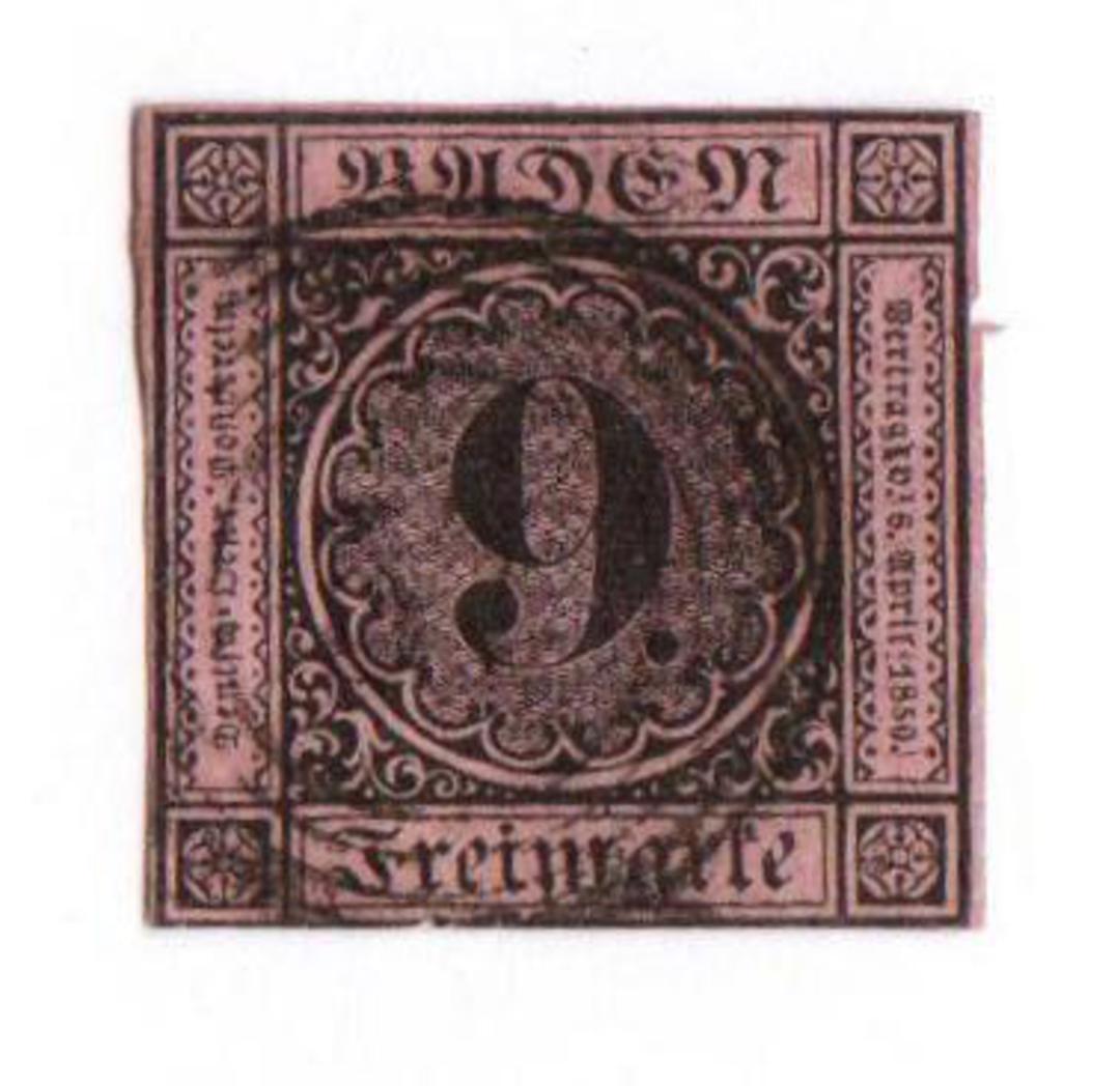 BADEN 1851 Definitive 9kr Black on dull rose. Lower frame touching. From the collection of H Pies-Lintz. - 76963 - Used image 0