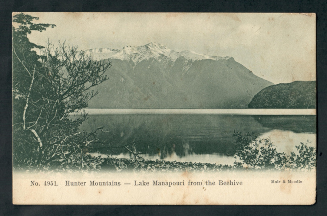 Early Undivided Postcard by Muir & Moodie of Hunter Mountains and Lake Manapouri from the Beehive. - 249338 - Postcard image 0