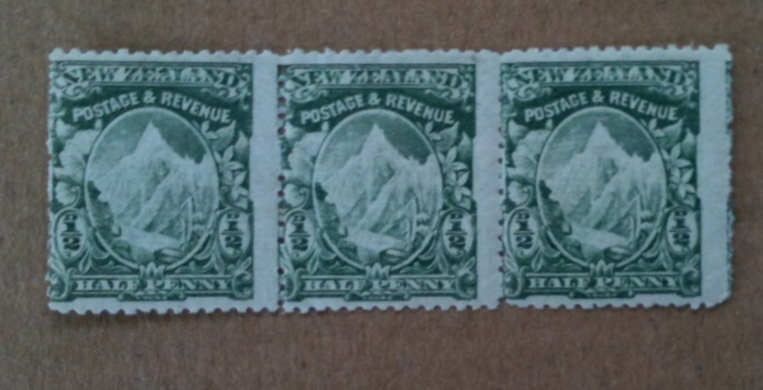 NEW ZEALAND 1898 Pictorial ½d Green. Nice strip of 3. Two never hinged. The perfs are well off centre, into the next stamp. - 74 image 0