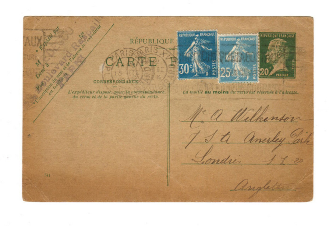 FRANCE 1926 Lettercard from Paris to London. Printed with 20 Green Pasteur and additionally franked with 25 Pale Blue Sower (SG image 0