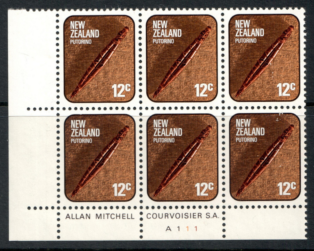 NEW ZEALAND 1976 Maori Artifacts 12c Putorino. Plate Block A111. - 15016 - UHM image 0