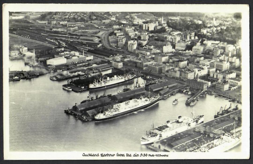 Real Photograph by A B Hurst & Son of Auckland Harbour from the air. - 45335 - Postcard image 0