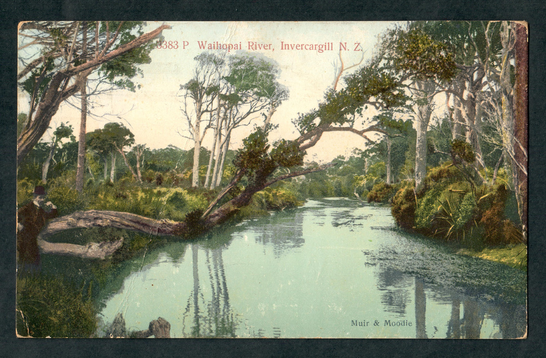 Coloured postcard by Muir and Moodie of The Waihopai River Invercargill. - 49335 - Postcard image 0