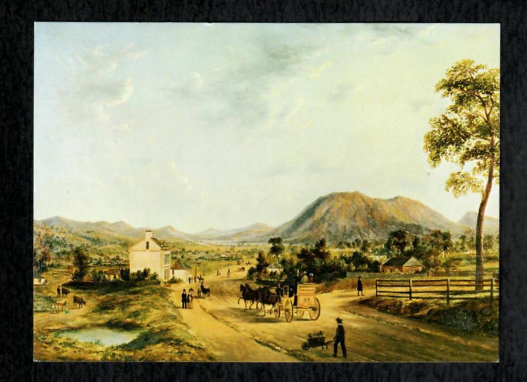 Modern Coloured Postcard of the Hobart-Launceston coach approaching Hobart. Painting by Henry Gritten. - 444960 - Postcard image 0