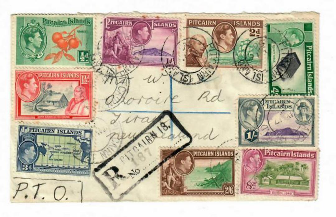 PITCAIRN ISLANDS 1940 Geo 6th Definitives. Set of 10 on cover registered mail to Tirau NZ. All ten stamps ( the 6d on the revers image 0