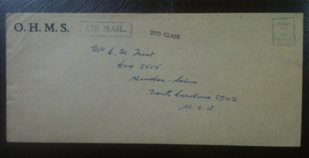 NEW ZEALAND Undated (1950s) Official Cover to USA. Postage paid by the Treasury. Airmail Second Class. - 130062 - PostalHist image 0