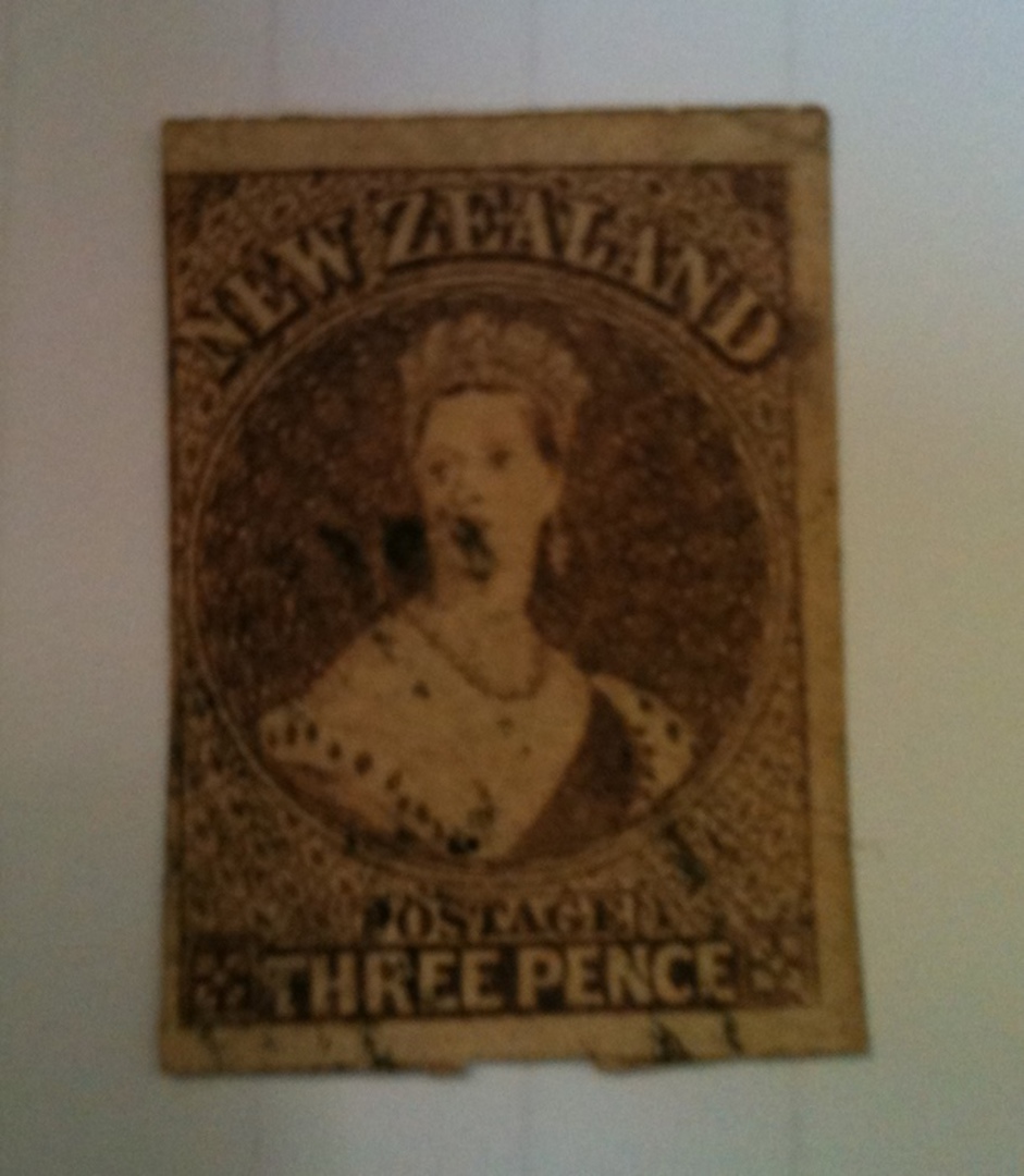 NEW ZEALAND 1855 Full Face Queen 3d Brown-Lilac. Imperf. Three very full margins. The fourth is clean cut and straight. The fram image 0