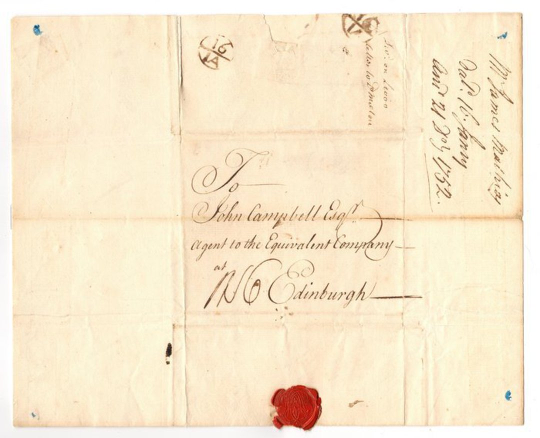 GREAT BRITAIN 1752 Entire to John Campbell Agent to the Equivalent Company Edinburgh dated 16 January 1752. - 19588 - PostalHist image 0