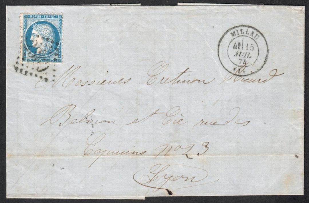 FRANCE 1874 Lettersheet from Millau to Lyon. Franked with 25c Ceres, Deep Blue. Perf 14x13½. Type 1. Postmarked Millau 15 Juil 7 image 0