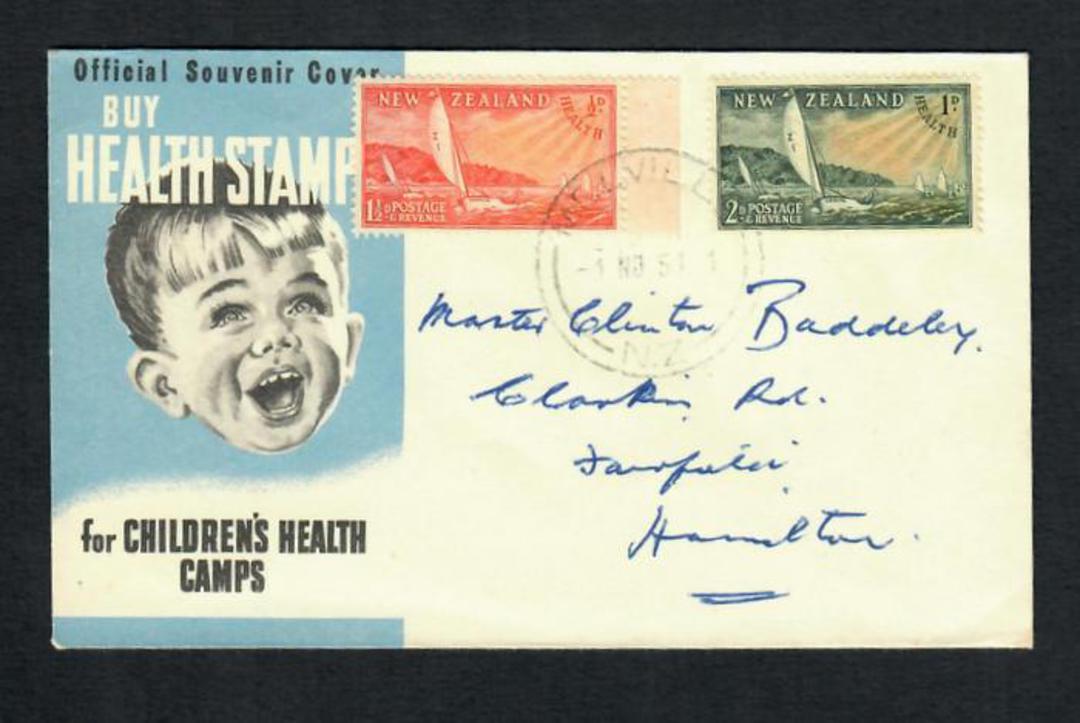 NEW ZEALAND Postmark Hamilton MELVILLE. J Class cancel on 1951 Health first day cover. - 31508 - Postmark image 0