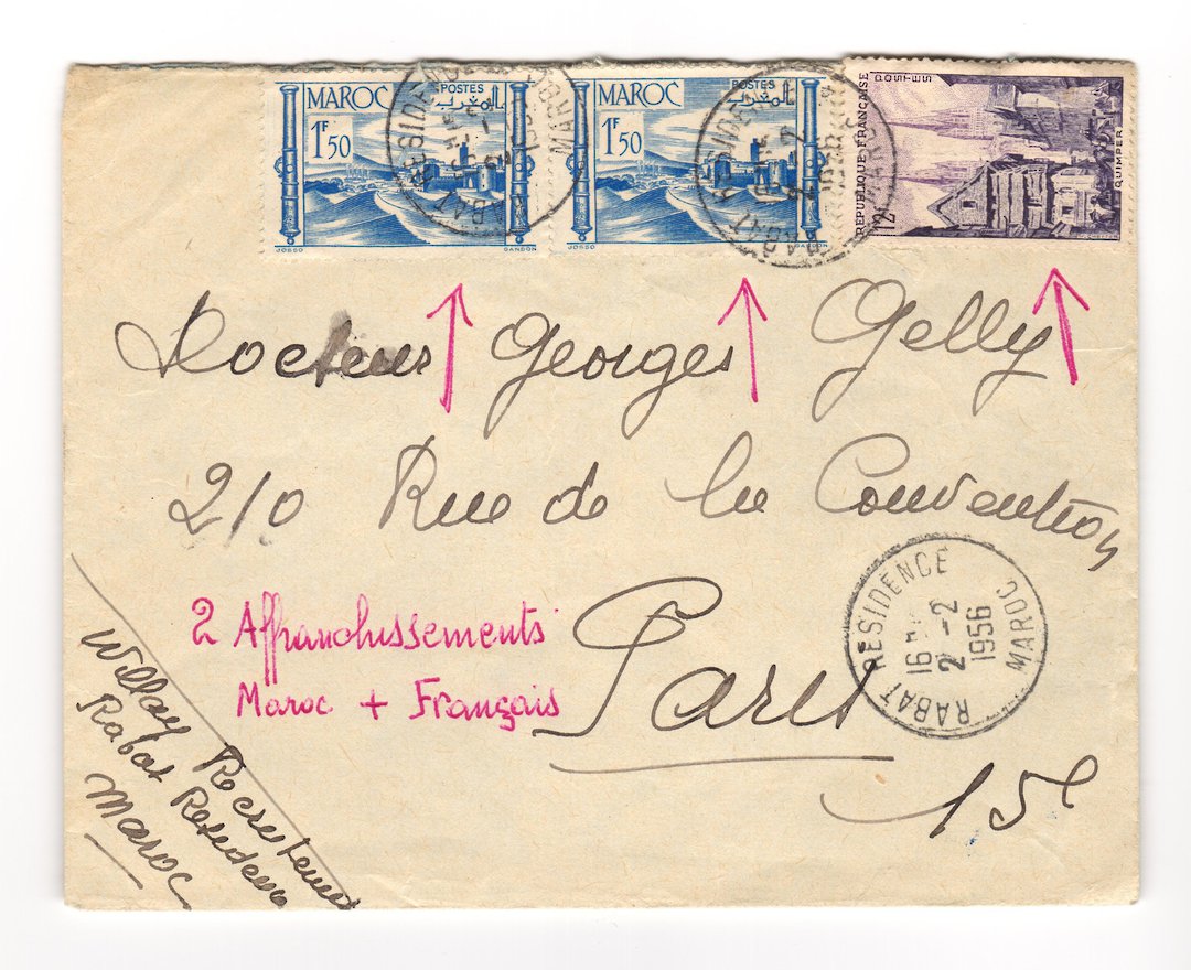 FRENCH MOROCCO 1956 Letter from Rabat to Paris. Two Morocco and one France stamp. Spoilt by comments in red ink. - 37764 - Posta image 0