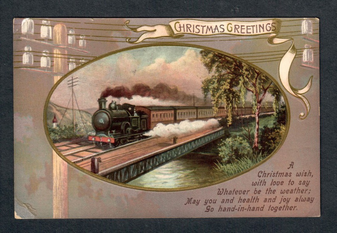 Coloured postcard. Christmas card. Train on bridge. - 40520 - Postcard image 0