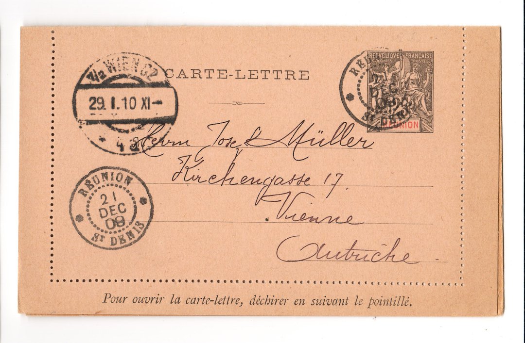 REUNION 909 Carte-Lettre 25c Black from St Denis to Vienna 21/12/1909. Receiving stamp Wien 29/1/1910. - 38167 - PostalHist image 0