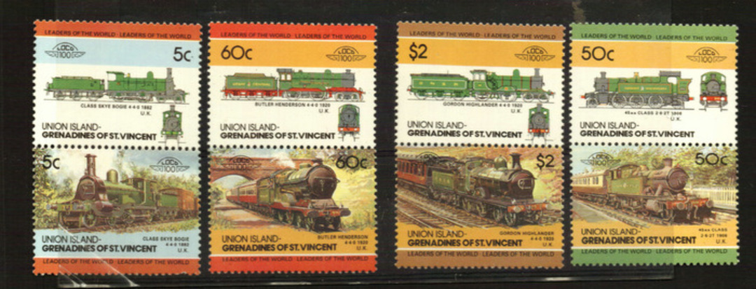 UNION ISLAND 1984 Leaders of the World. Railway Locomotives. First series. Set of 8 in joined pairs. - 22515 - UHM image 0