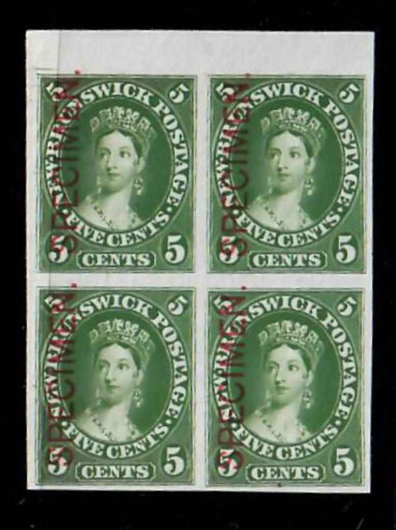 NEW BRUNSWICK 1860 Definitive 5c Deep Green. Plate Proof with overprint Specimen in red. Block of 4. Superb. - 20009 - Proof image 0