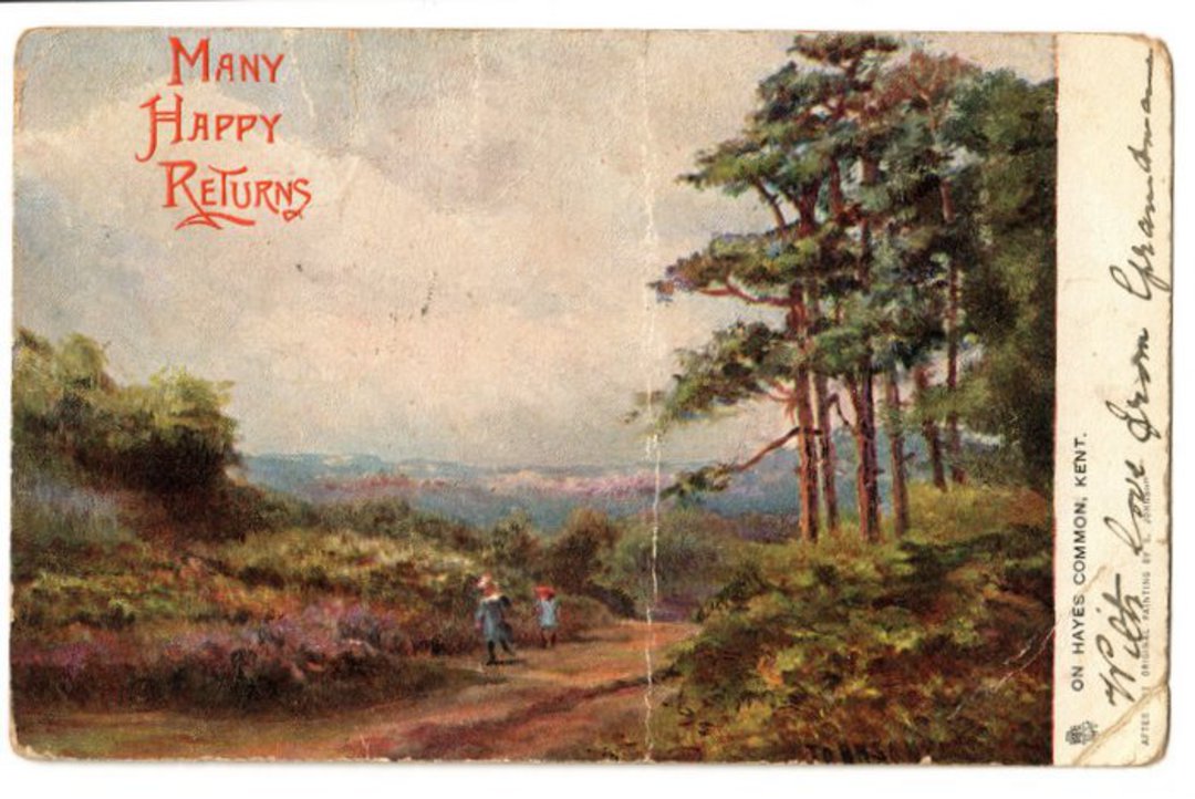 Tuck art card. On Hayes Common Kent. Dull corners. Crease. Many Happy Returns. - 43778 - Postcard image 0