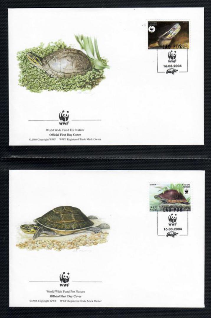 LAOS 2004  World Wildlife Fund. Malayan Box Turtle. Set of 4 in mint never hinged and on first day covers with 6 pages of offici image 1