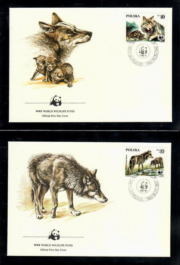 POLAND 1985 World Wildfile Fund. Wolf. Set of 4 in mint never hinged and on first day covers with 6 pages of official text. The image 2