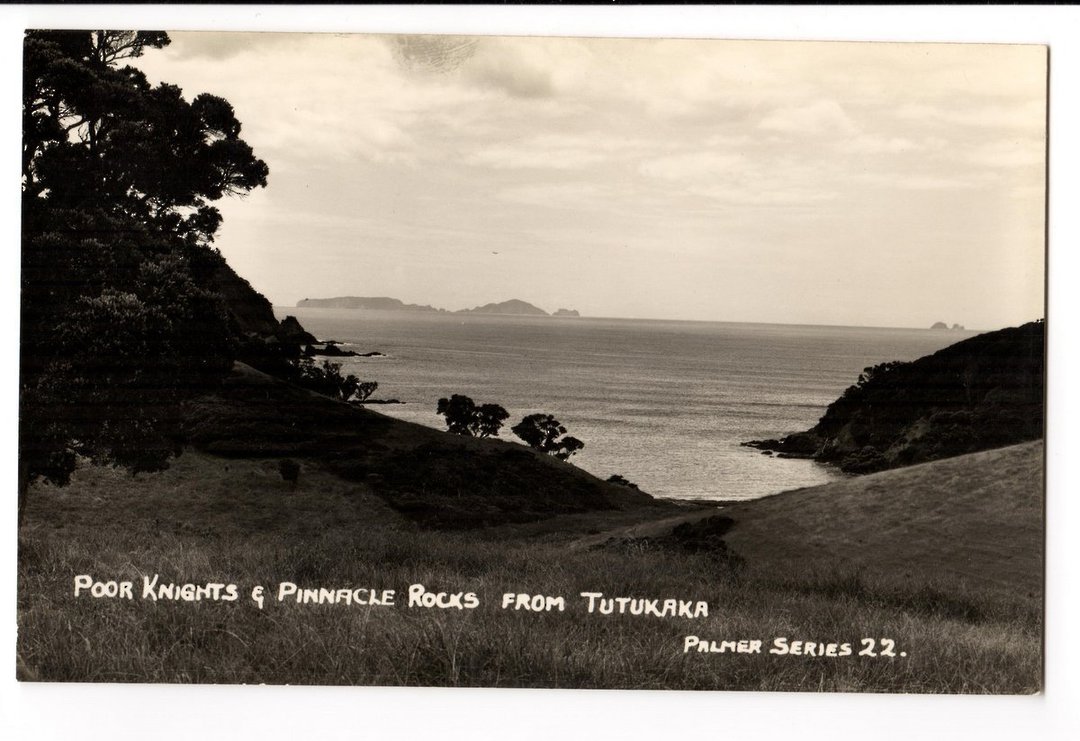 Real Photograph by T G Palmer & Son of Poor Knights and Pinnacle Rocks from Tutukaka. - 44864 - Postcard image 0