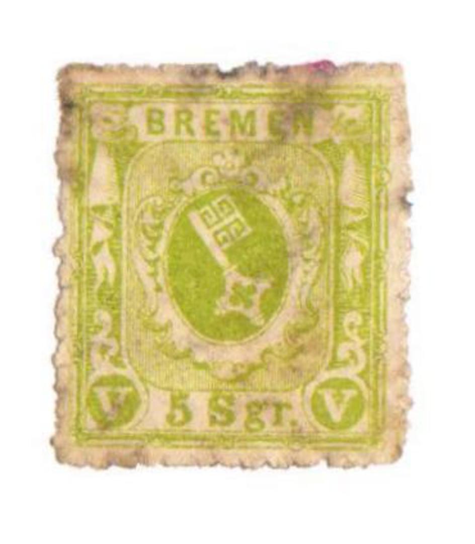 BREMEN 1866 Definitive 5sgr Yellow-Green. Appears to be mint but marked by a stain at the top caused (I think) in a repair job. image 0