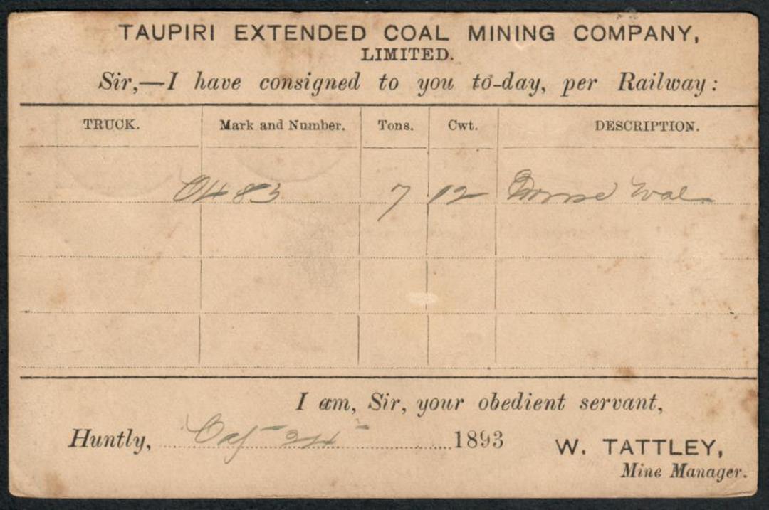 NEW ZEALAND 1893 Postcard of from Huntly to Auckland. From the Mine Manager Taupiri Extended Coal Mining Company advising re a c image 1