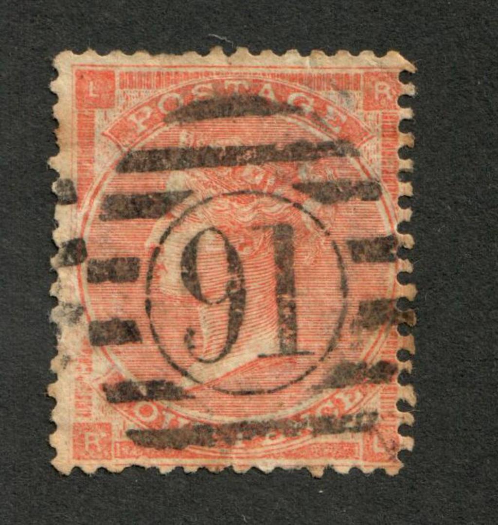 GREAT BRITAIN 1862 4d Bright Red. A few nibbled perfs. Small thin. Postmark 91 in circle in bars. - 70415 - Used image 0