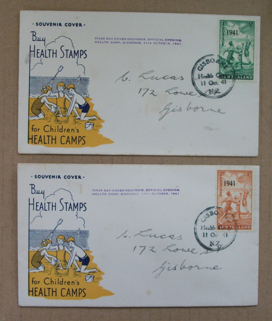 NEW ZEALAND 1941 Health. Set of 2. on two illustrated first day covers cancelled at Gisborne Health Camp on the opening day on t image 0