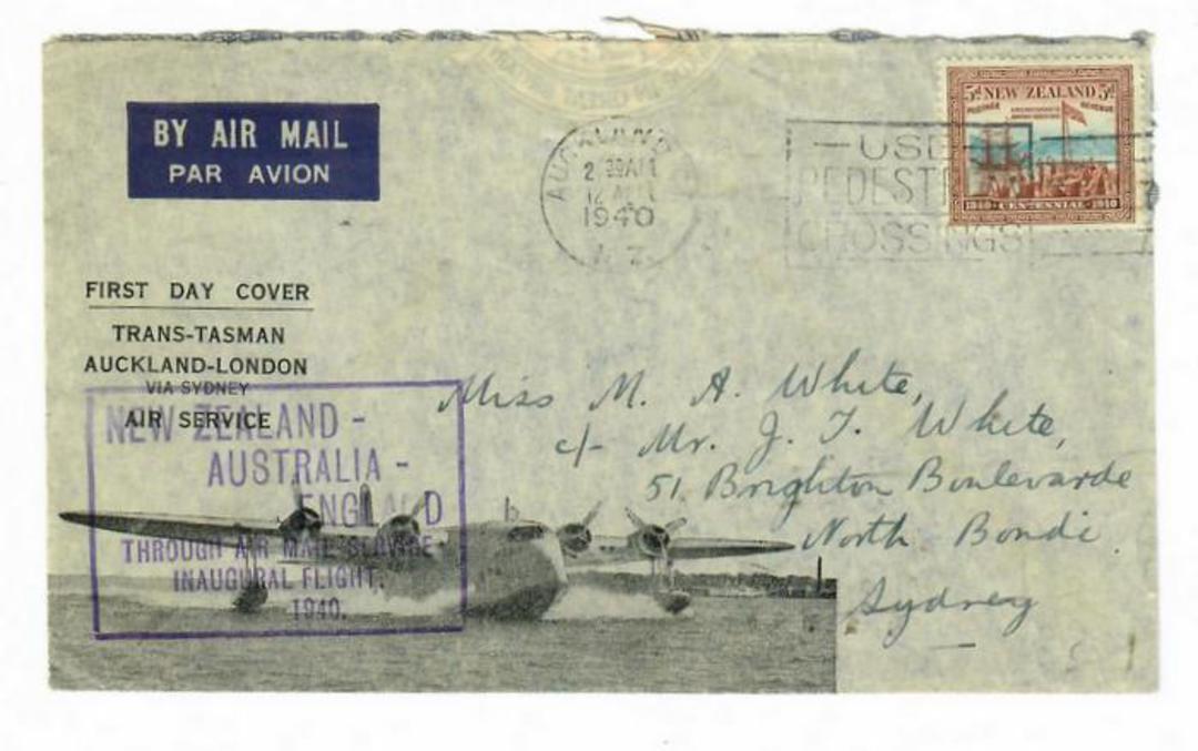 NEW ZEALAND 1940 New Zealand Australia England. Through Air Mail Service. Inaugural Flight. Bearing 5d Centennial. - 30173 - Pos image 0