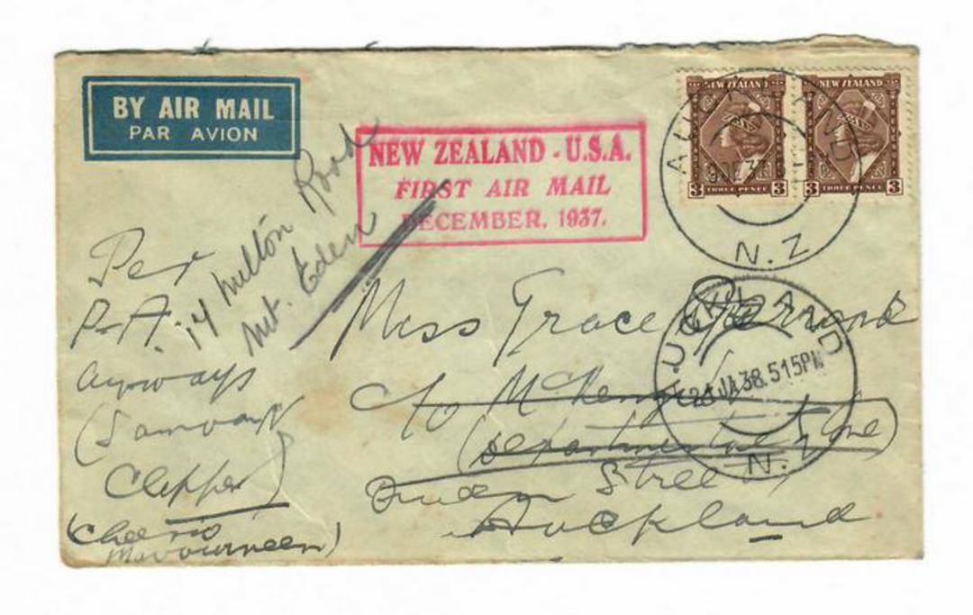 NEW ZEALAND 1937 First Airmail New Zealand to USA per Pan American Airways Samoan Clipper. Redirected. Postmark Auckland 9/12/19 image 0