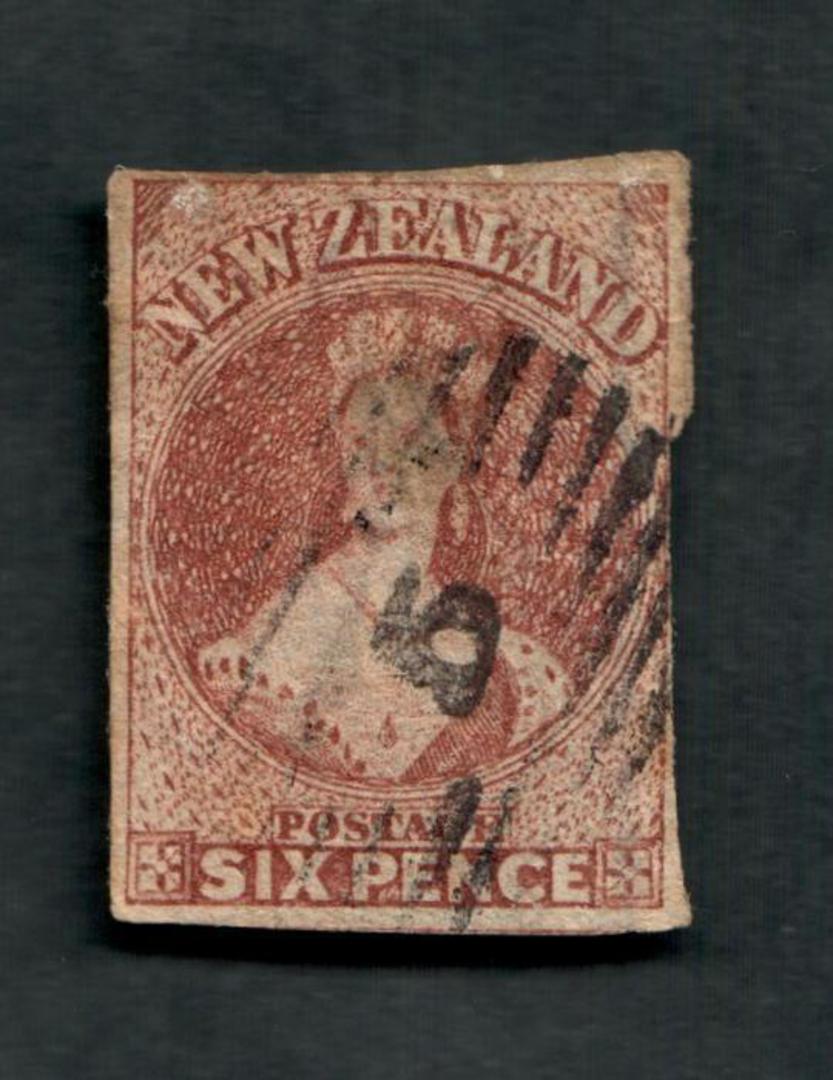 NEW ZEALAND 1855 Full Face Queen 6d Brown. Imperf. Touching down the right. Thin. Cat val by CP with faults from $75.00. - 39095 image 0