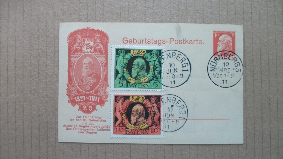 BAVARIA 1911 Semi-Official Postcard of the 90th Birthday of Prince Regent Luitpold 10pf Red with further postage added. Very cle image 0