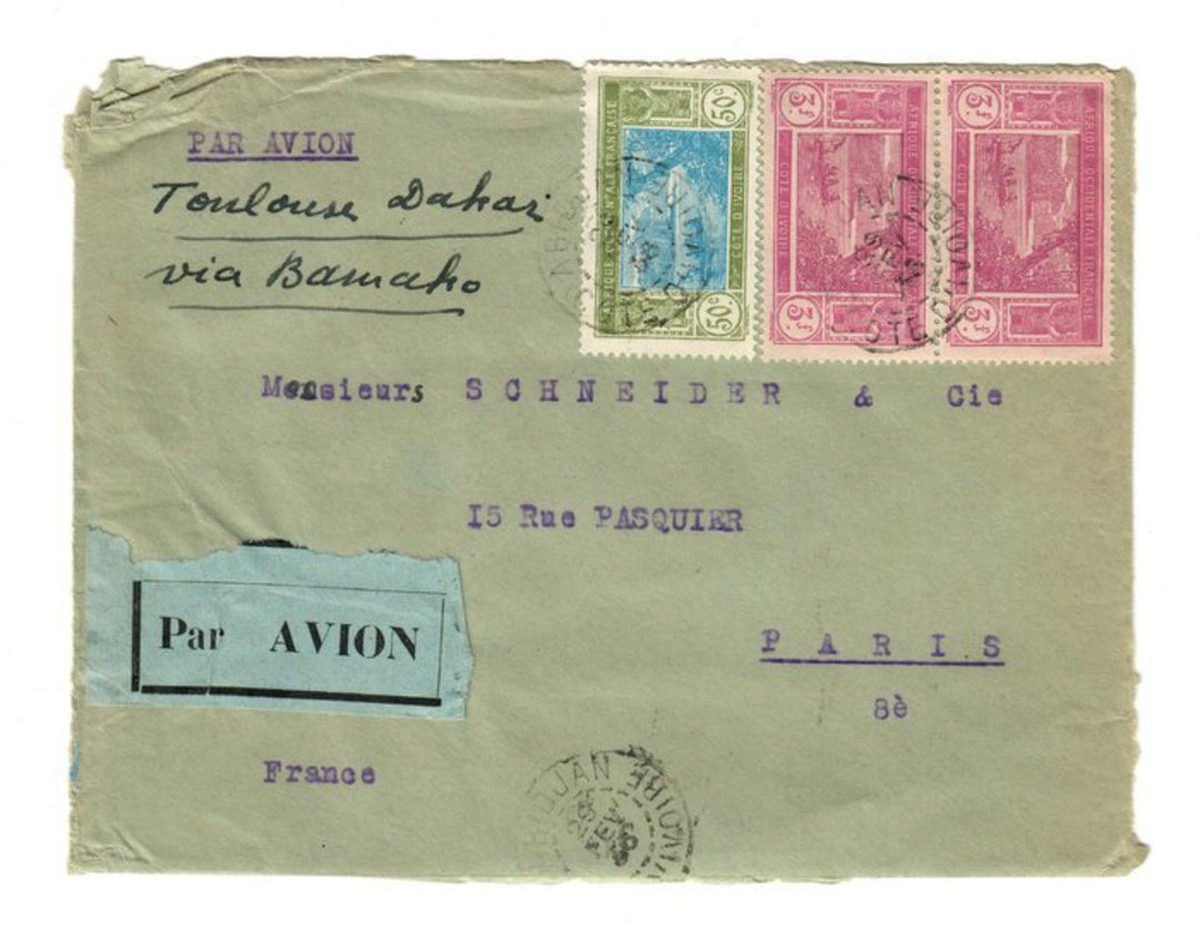 IVORY COAST 1936 Airmail (Dakar to Toulouse via Bamako). Letter from Abidjan to Paris. Dakar backstamp and square backstamp and image 0