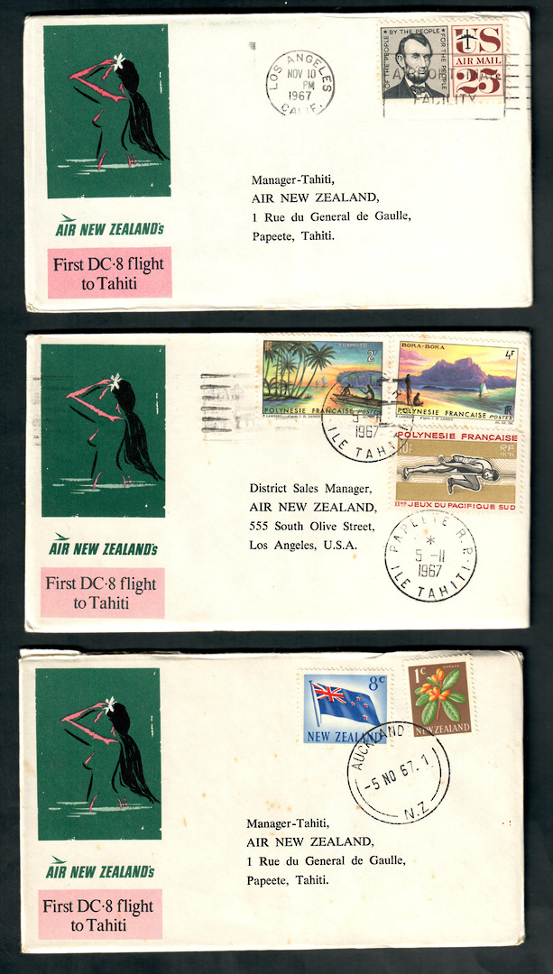 NEW ZEALAND 1967 First DC8 Flight to Tahiti. Three covers. New Zealand to Tahiti. Tahiti to USA. USA to Tahiti. - 35626 - Postal image 0