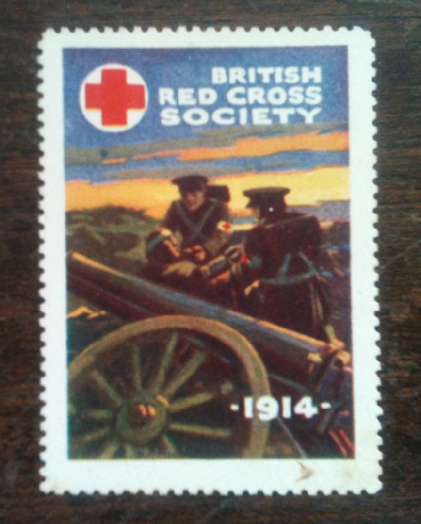 GREAT BRITAIN 1914 Label of the British Red Cross Society with Soldiers manning a Gun at the front. - 75630 - Cinderellas image 0