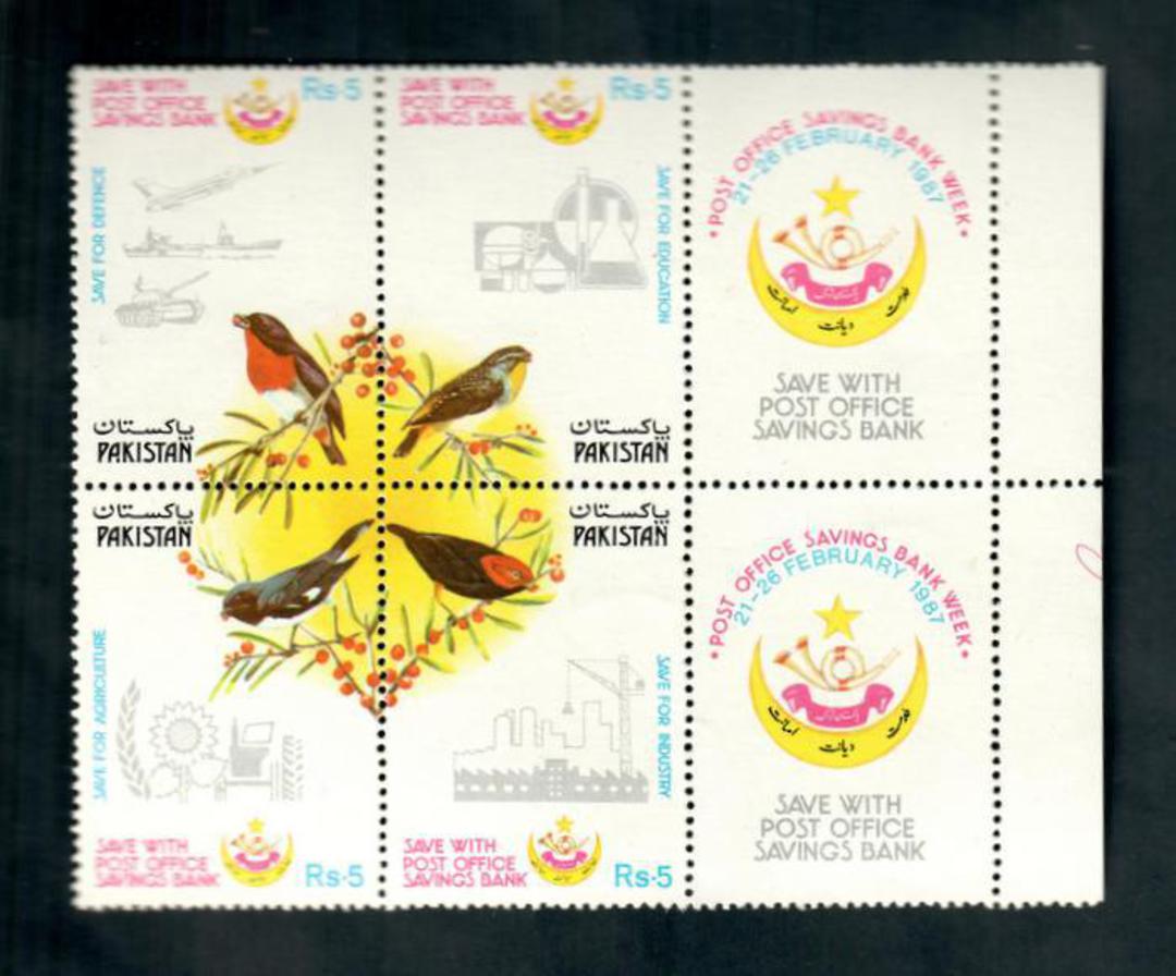 PAKISTAN 1987 Post Office Savings Bank. Block of 4 and 2 Labels. Birds. - 50062 - UHM image 0