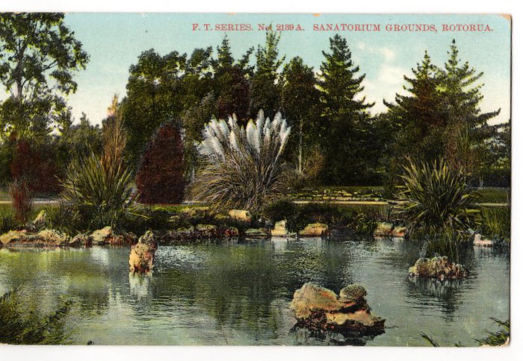 Coloured postcard of Sanatorium Grounds Rotorua. - 46207 - Postcard image 0