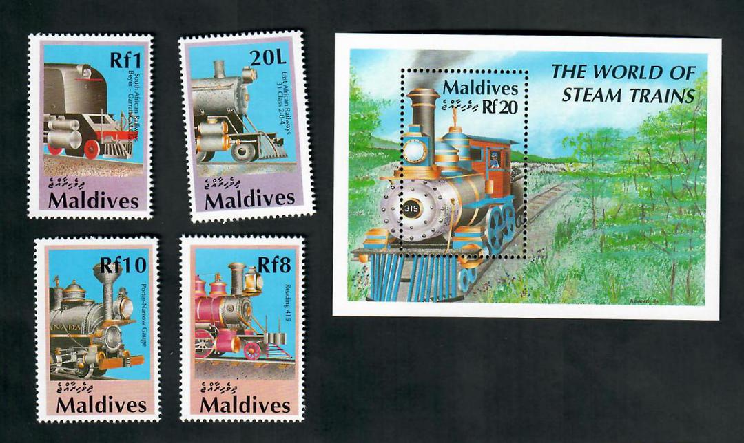 MALDIVES 1990 The World of Steam Trains. Part 1. Set of 4 and miniature sheet. - 20523 - UHM image 0