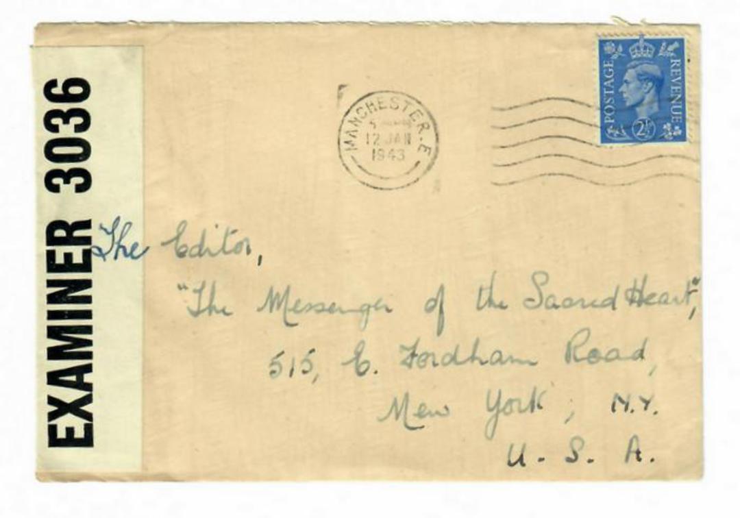 GREAT BRITAIN 1943 Censored cover to USA. Opened by Examiner 3036. Postmark MANCHESTER 12/1/43. - 30229 - PostalHist image 0