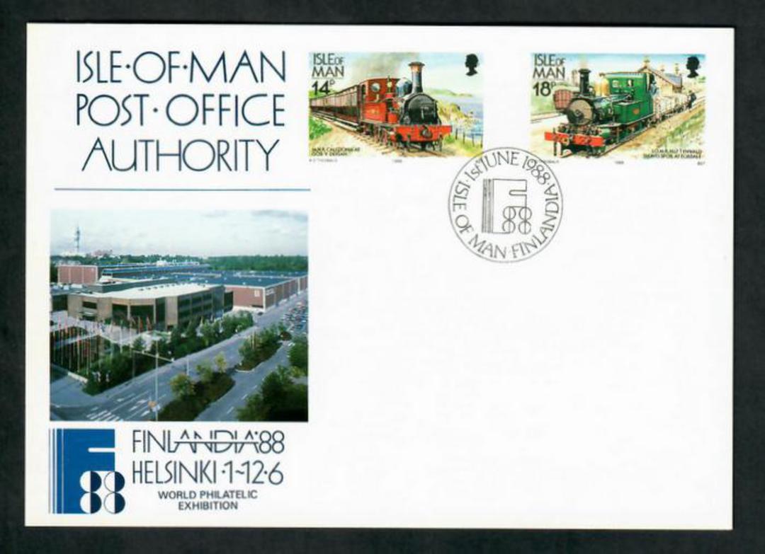 ISLE OF MAN 1988 Postcard for the Helsinki International Stamp Exhibition. Trains. - 30352 - PostalHist image 0