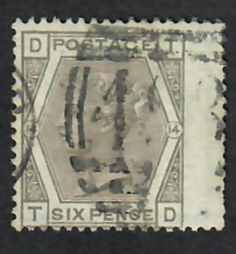 GREAT BRITAIN 1873 6d Grey. Plate 14. Letters DTTD. Right wing margin. Perfs are dull down that margin. Centred south. - 70294 - image 0