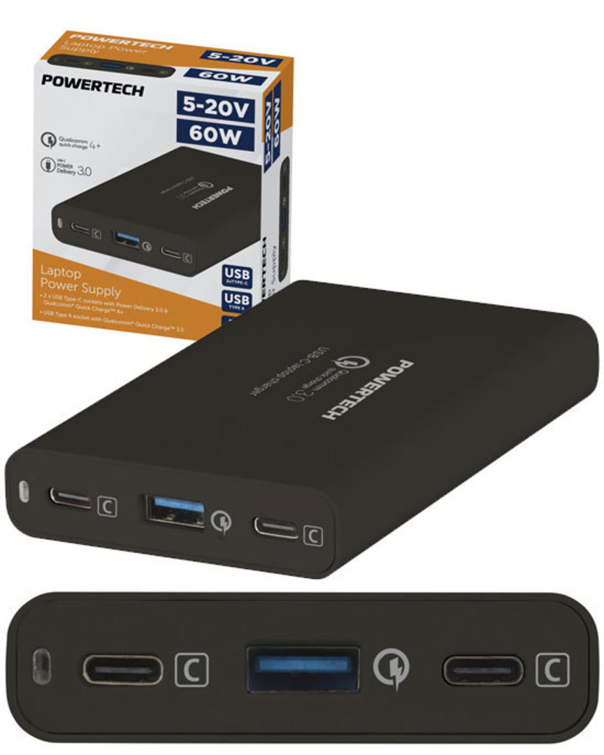 POWERTECH 5-20V 60W Laptop Power Supply with USB-C and USB-A image 0