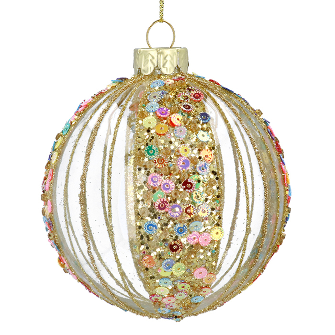 Glass Ball Clear, Gold Multicolour Sequins 8cm *ETA NOV image 0