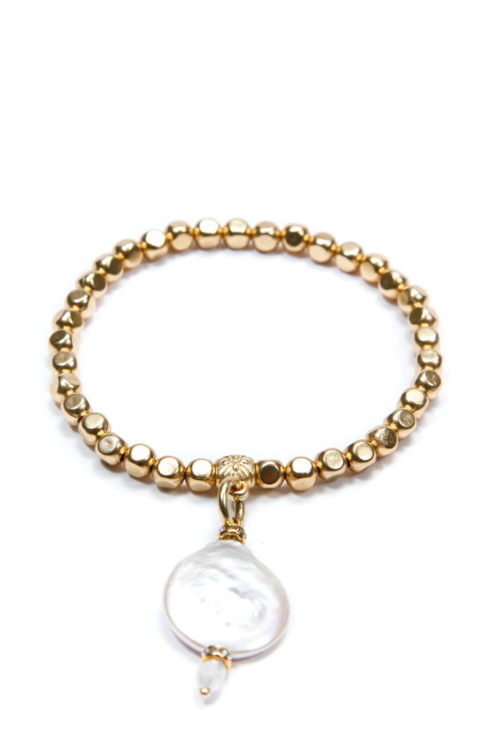 Bracelet, Gold Beads with Fresh Water Pearl Disc Charm image 0