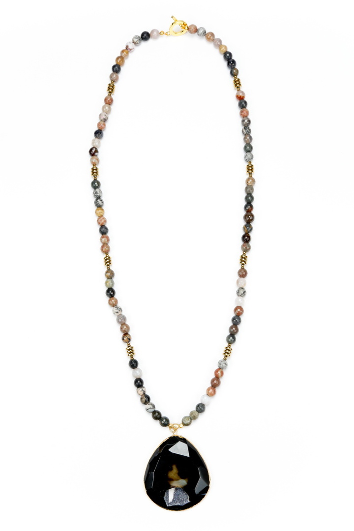 Necklace, Dark Natural Agate with Gold Spacer and Rock Crystal Pendant image 0