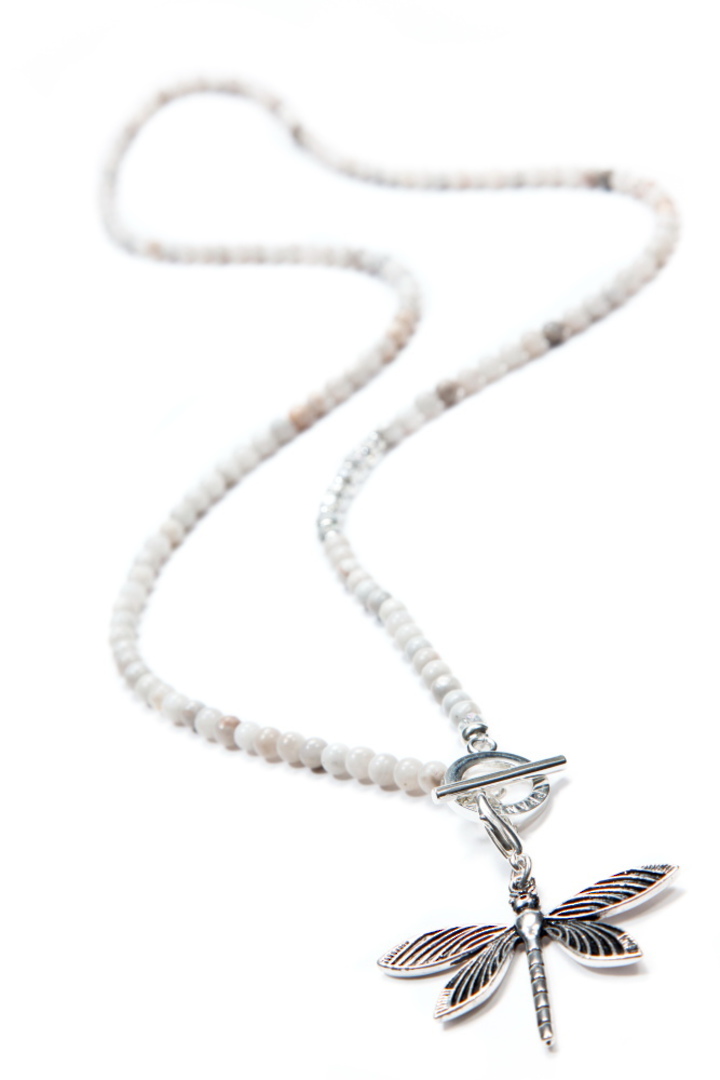 Necklace, Natural Howlite with Silver Dragonfly image 0