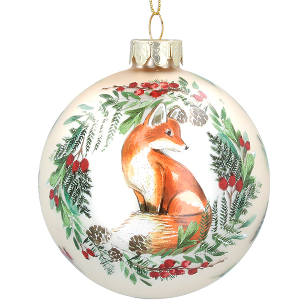 Glass Ball Pale Gold, Fox in Wreath 8cm image 0
